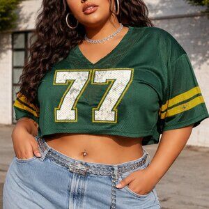 Women’s Green Mesh Football Jersey Crop Top, Lace, Size XL, Y2K Streetwear